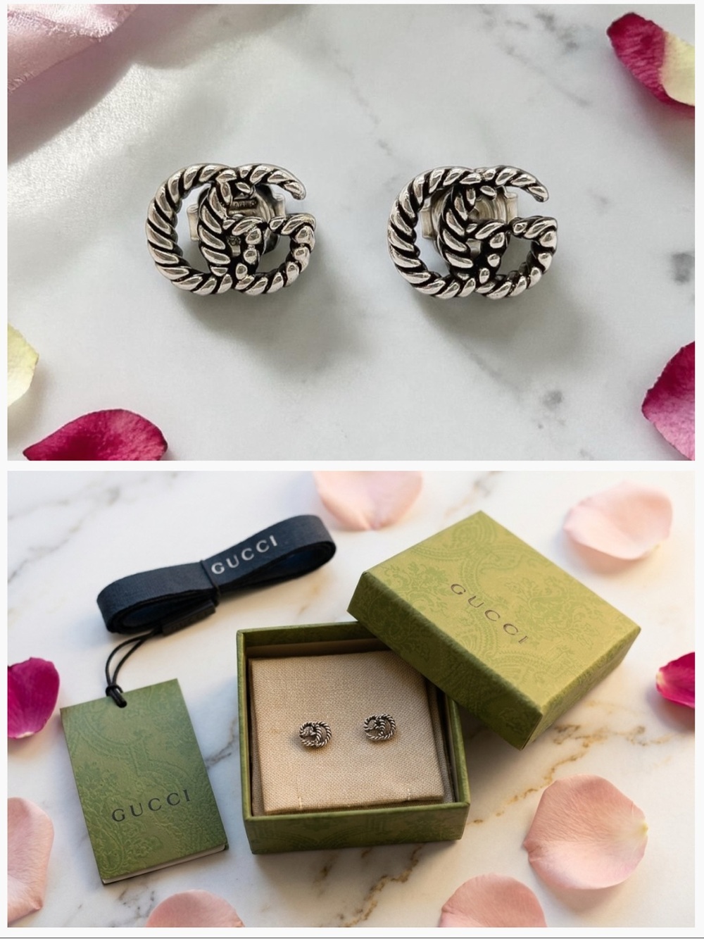 Gucci Double G Marmont Earrings in Sterling Silver with Aged Finish